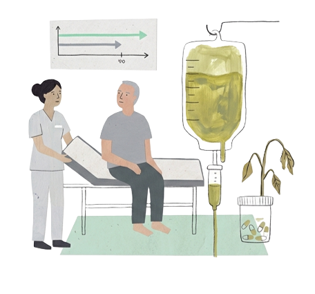 A nurse and patient beside a chemotherapy drip and a wilting plant