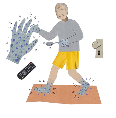 A man with numb, tingling hands and feet reaching for a spoon